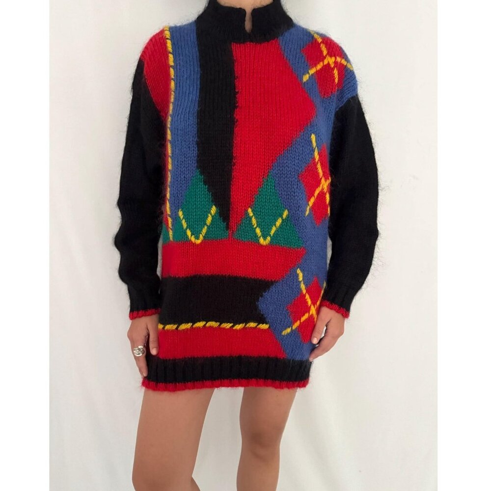 80s vintage multicolor winter abstract geometric mohair turtleneck knit sweater